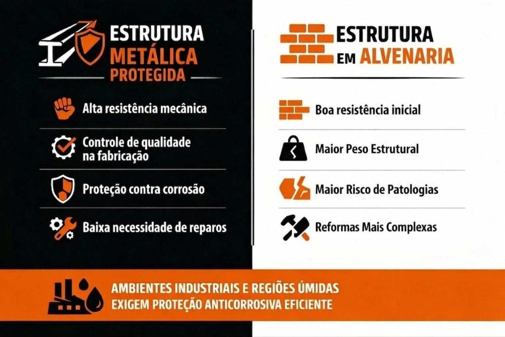 Infográfico comparando galpão metálico ou alvenaria, mostrando diferenças de resistência, manutenção e estrutura.