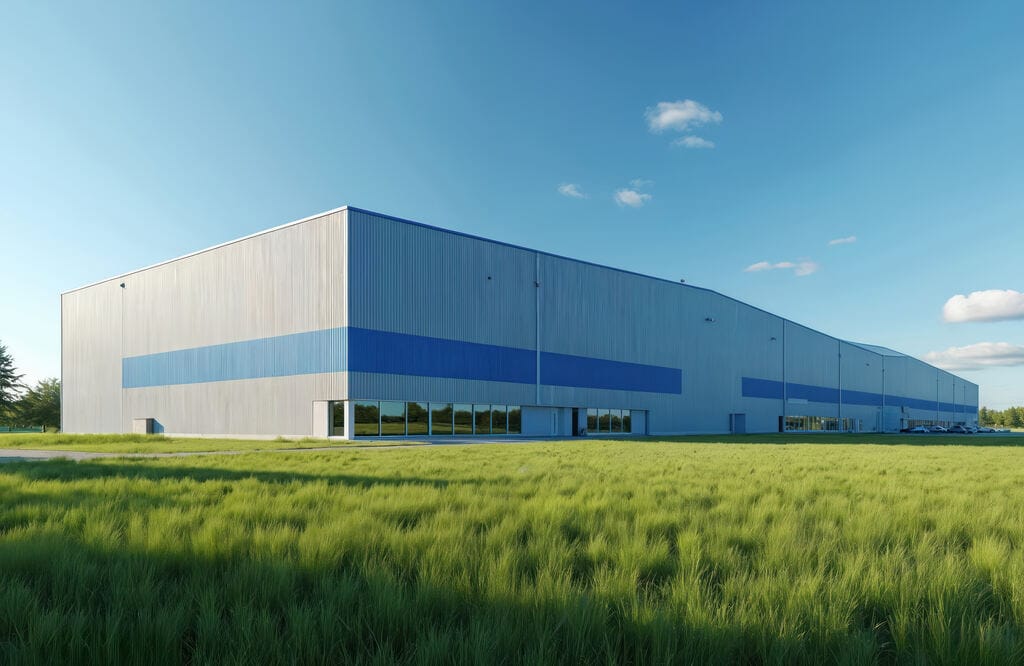 Centro de distribuição com estrutura metálica e fachada moderna, ideal para armazenamento e operações industriais