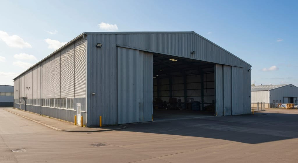 Galpão modular moderno com portas de acesso amplas e área externa pavimentada para carga e descarga.