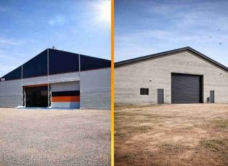 Imagem comparando galpão metálico ou alvenaria, mostrando estrutura metálica moderna da Logik em contraste com galpão de alvenaria.