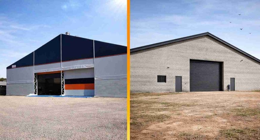 Imagem comparando galpão metálico ou alvenaria, mostrando estrutura metálica moderna da Logik em contraste com galpão de alvenaria.